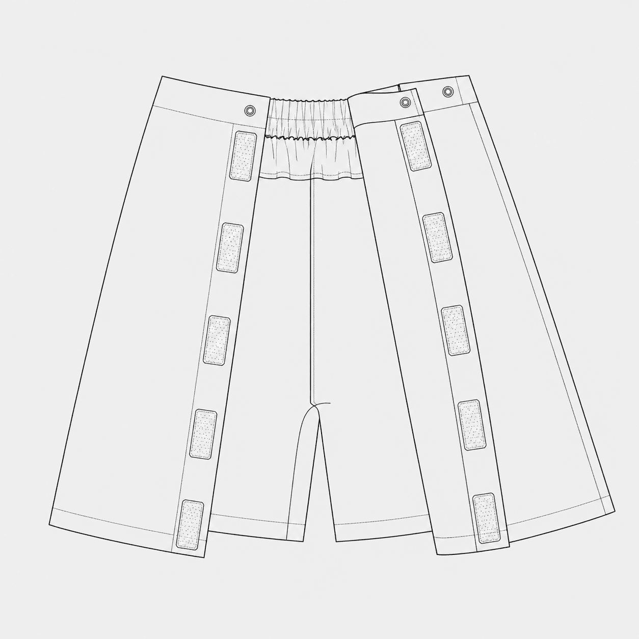 Daily Don shorts lying fully open, side closures unfastened